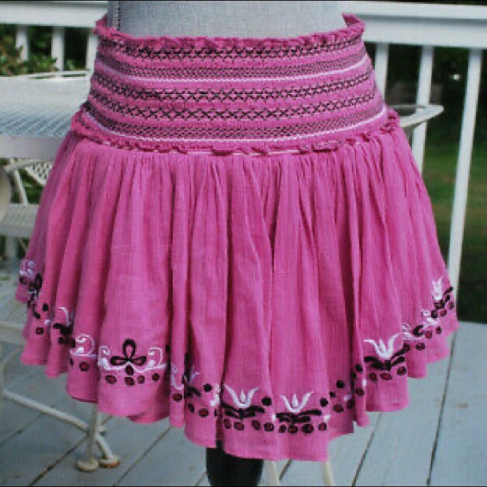 LoveShackFancy pink embroidered beach skirt